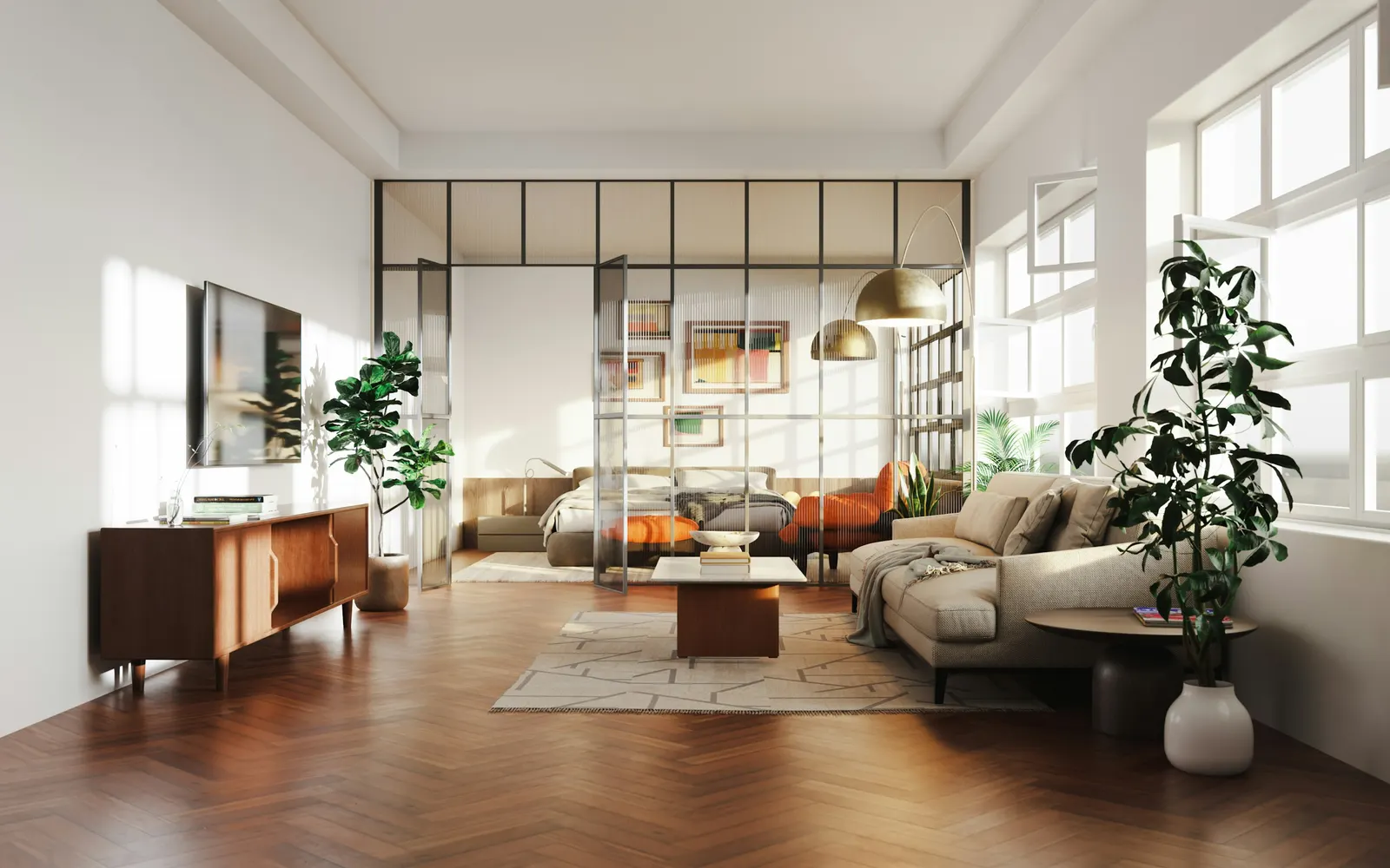 Departamento clásico con piso de parquet en espiga y mampara de hierro y vidrio