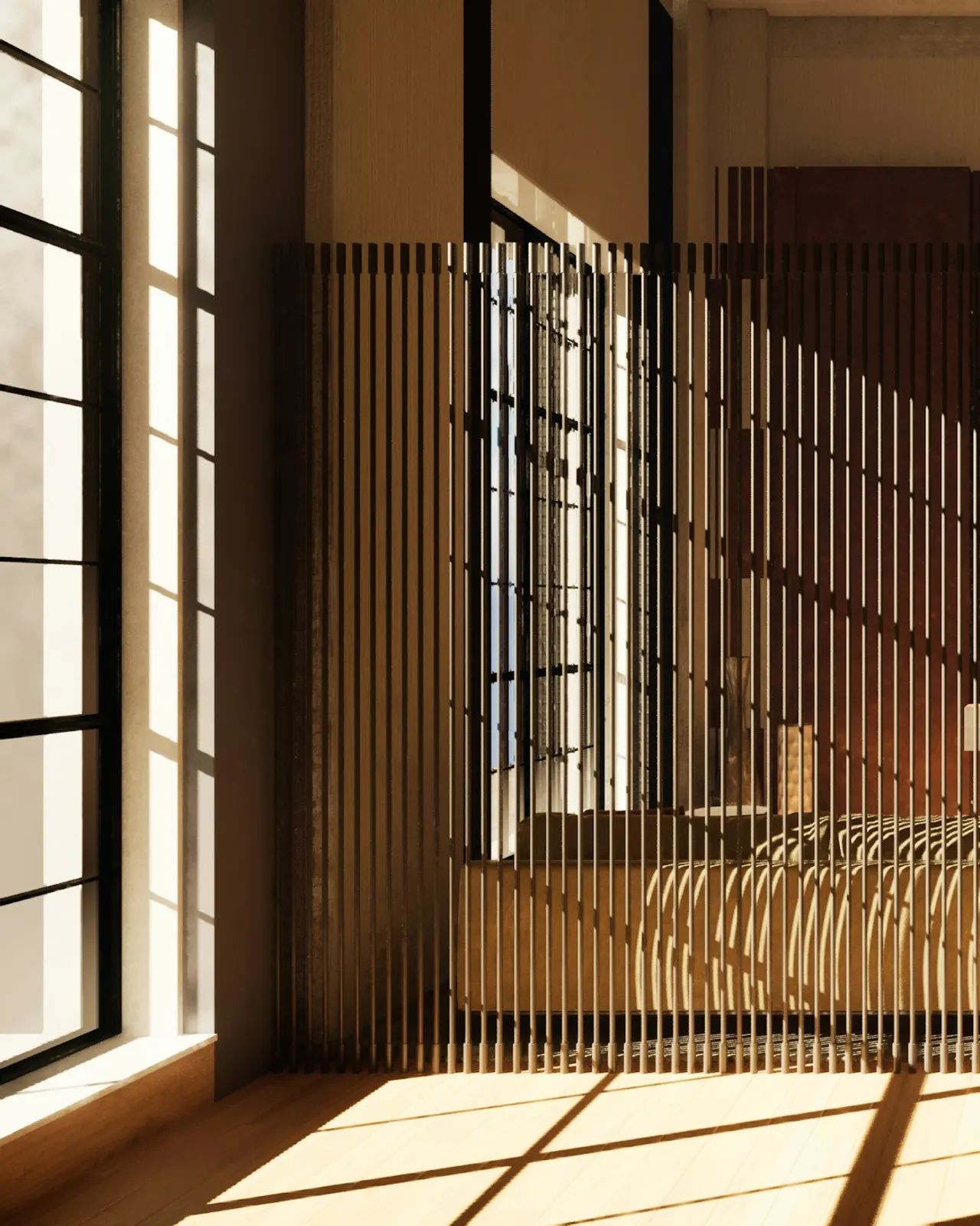 Tabique de listones de madera con la luz del sol entrando por un ventanal